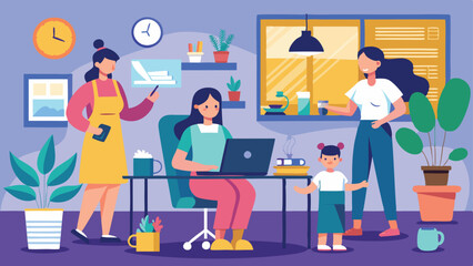 Colorful Illustration Woman Working at Laptop with Family, Plants, Clocks, and Interior Decor