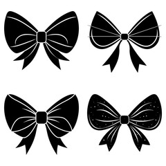 Four black decorative bows with different designs arranged in a square pattern on a white background