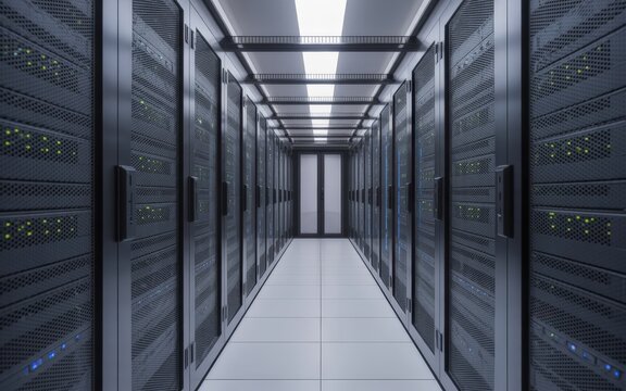 Server room with rows of server racks and data center.