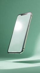 A sleek modern smartphone appears suspended in mid-air, its pristine screen reflecting the soft light. The innovative design, and minimalist aesthetic evoke a sense of technological progress.