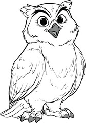 Obraz premium Owl Cartoon Character Vector – Wise and Cute Owl with Big Eyes and Feathers for Mascot, Coloring Page, or Kids’ Illustration Use
