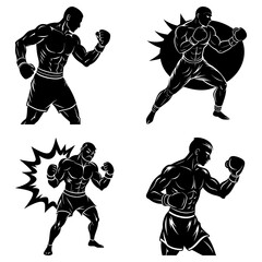 Four black and white illustrations of muscular boxers in various fighting stances and backgrounds styles