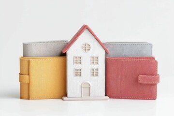 Metaphorical Representation of a Locked House Icon Surrounded by Colorful Wallets Symbolizing Financial Security and Protection