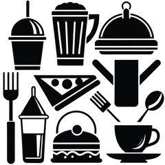 Black Silhouette Collection of Food and Drinks Items Isolated on White Background