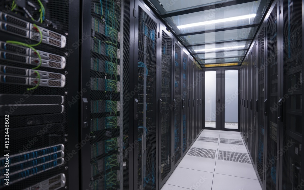 Poster data center corridor with rows of server racks, network cables and equipment.