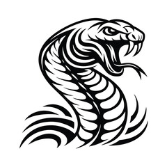 Striking Black Cobra with Fangs Isolated on White Background. Minimalist