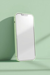 A modern sleek smartphone with a large display rests against a minimalist, pastel-colored surface, creating a sense of calm and modern style.