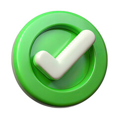 3D Green Circle with White Check Mark Glossy Icon on Transparent Background Render