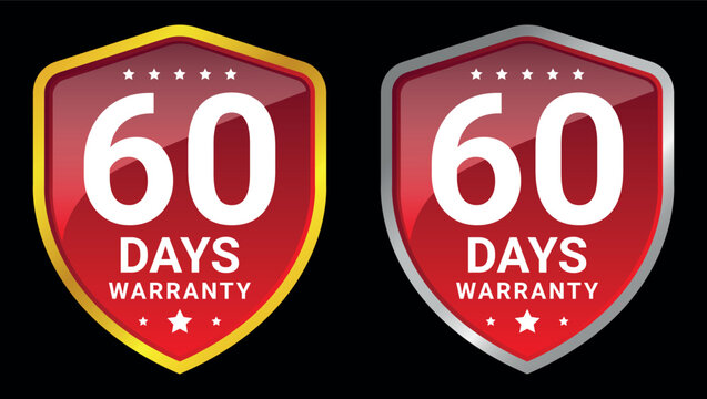 Red warranty badges with bold white 60 days text on shield shapes for product protection labels	