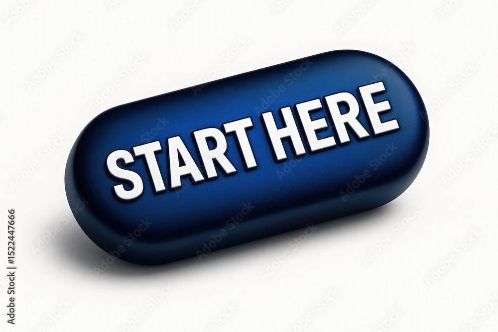 Aufkleber a 3d rendered blue button stating start here button with white text positioned diagonally against a 
