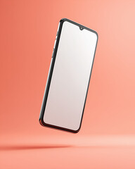 Smartphone mockup with blank screen on pink background showcasing its sleek design in studio shot.
