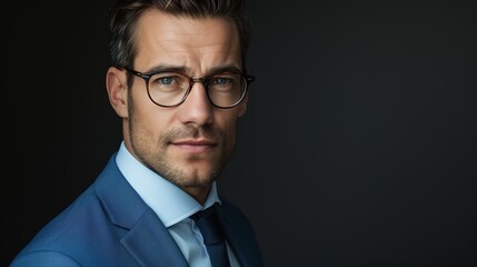 perfectly composed portrait of a businessman wearing glasses and a sleek sky blue suit