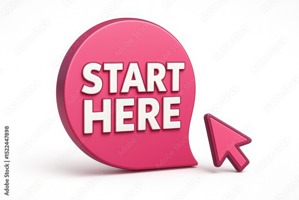 Aufkleber pink speech bubble with start here button text and cursor pointing to a new beginning or action on w