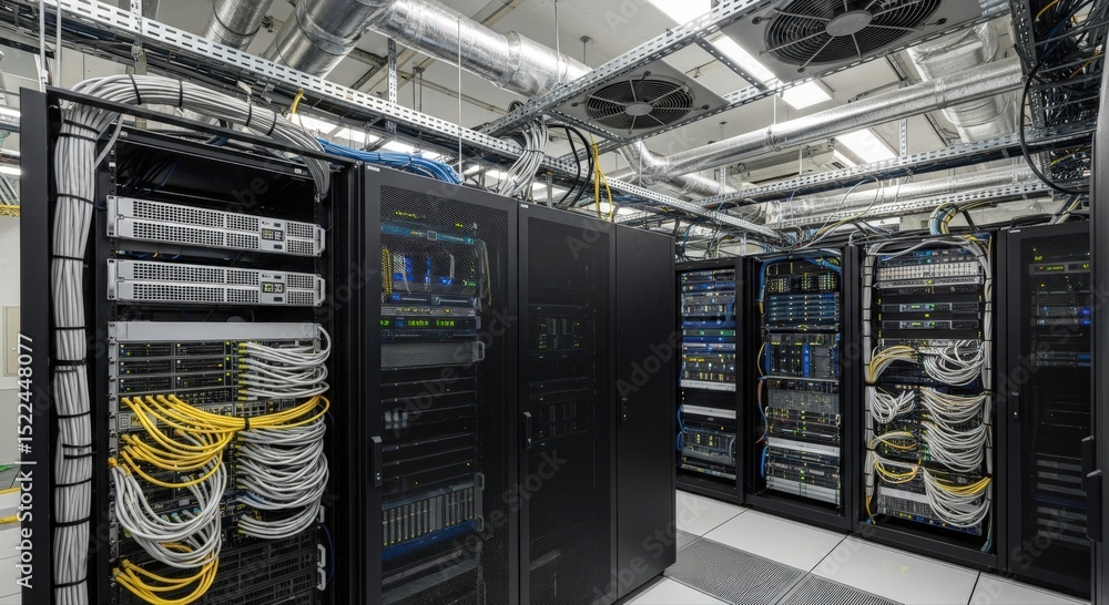 Poster server room with network cables connected to rack mounted hardware and ventilation system.