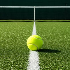 yellow tennis ball placed precisely on the green artificial turf of a deserted tennis stadium, casting a subtle shadow.