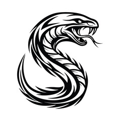 Tribal Style Snake Curled Silhouette Isolated, Aggressive Reptile with Tongue Out, Black