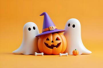 Cute halloween scene featuring a smiling jack o lantern ghosts and witch hat festive illustration