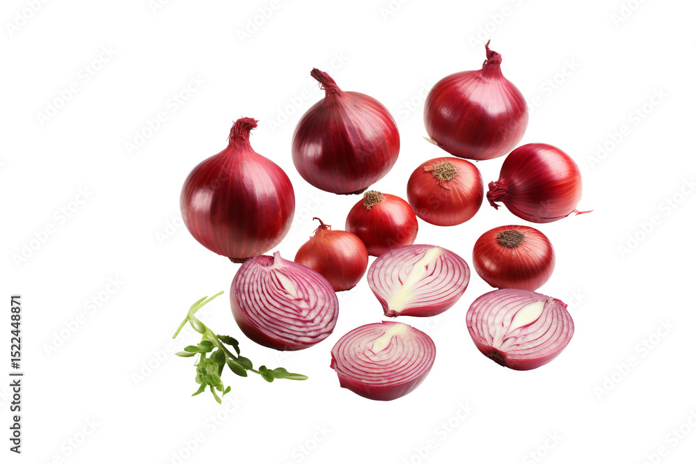Poster a collection of red onions, whole and sliced, isolated on a transparent background. background remov