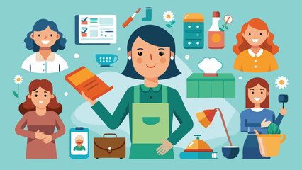 Flat Vector Illustration Featuring Several Women with Various Items and Objects on Light Blue