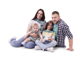 Happy parents and their kids on white background