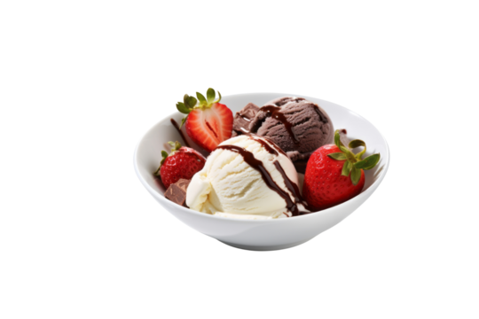 Delicious ice cream dessert with chocolate sauce and fresh strawberries. background removed