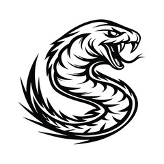 Angry Cobra Snake, Black & White Illustration, Dangerous Predator, Fangs, Wild Animal