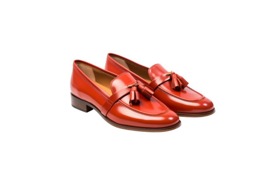 Pair of red leather tassel loafers, elegant and stylish footwear. background removed