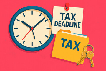 Tax deadline reminder with clock and property tax folder keys on red background for financial planning and timely payment
