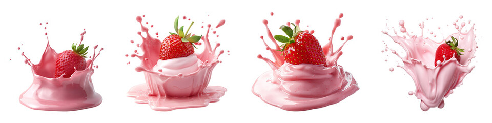 A collection of strawberry yogurt splashes isolated on a transparent background