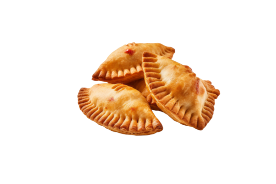 A pile of four golden-brown empanadas, a savory pastry. background removed