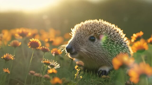 Cute wild small brown furry mammal hedgehog in the grass