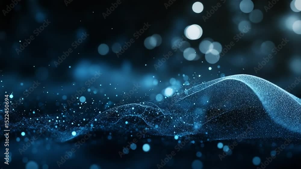 Poster abstract blue particle wave background with light bokeh effect and dark backdrop