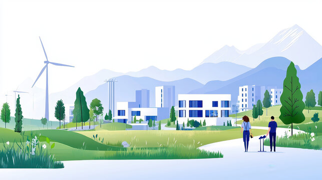 Serene landscape featuring modern community with wind turbines, mountains, and greenery, showcasing sustainable lifestyle