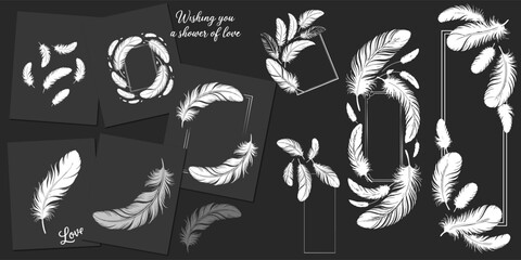 Feather themed greeting cards with elegant white feather illustrations on dark background, featuring messages of love and affection