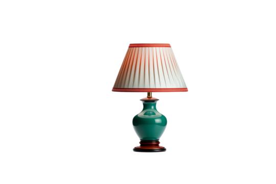 Elegant teal ceramic table lamp with a pleated white and red shade. background removed