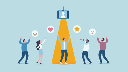People celebrating under spotlight with social media icons around them in a vector illustration