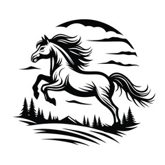 Elegant Black Horse Running Wild, Mane Flowing, Detailed Silhouette on White Backdrop