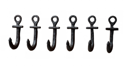 Six black metal anchor shaped hooks hanging against a transparent background, offering versatile use in various settings. Perfect for adding a nautical touch to home decor and interior design
