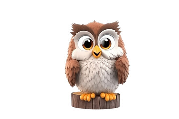 Fototapeta premium Adorable 3D cartoon owl perched on a tree stump, with big eyes and fluffy feathers. background removed