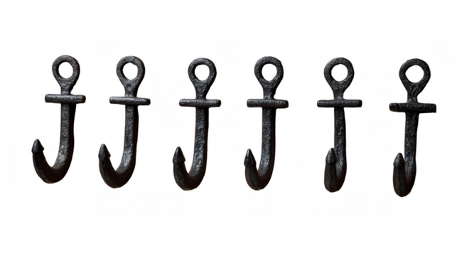 Six black metal anchor shaped hooks hanging against a transparent background, offering versatile use in various settings. Perfect for adding a nautical touch to home decor and interior design