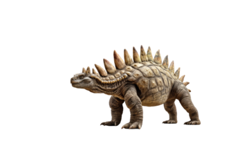 A detailed 3D rendering of a Stegosaurus, showcasing its armored plates and spiked tail. background removed