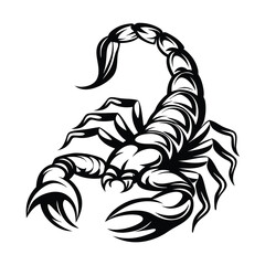 Stylized Black Scorpion with Detailed Claws, Segmented Body, and Raised Stinger on White