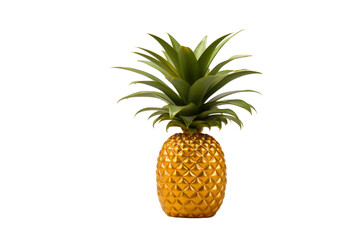 Fototapeta premium A golden pineapple with green leaves stands against a dark transparent background. background removed
