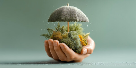 Insurance Broker Hands Gently Shielding Small Globe Under Vibrant Green Umbrella Representing Sustainable Coverage Solutions