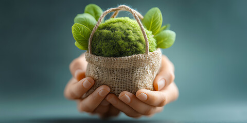 Hands Of Ethical Retailer Displaying World Environment Day Themed Leaf-Handled Shopping Bag For Sustainable Commerce