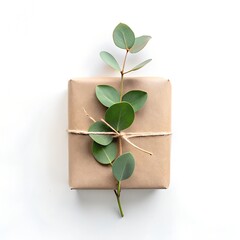 Gift box wrapped in kraft paper with eucalyptus