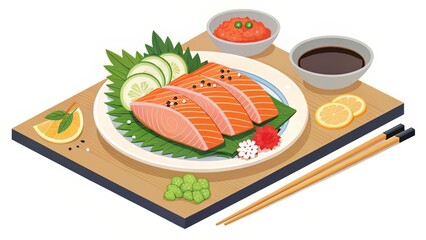 Isometric Fish Dish with Soy Sauce Celebrating Japanese Cuisine