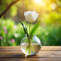 Round glass vase with one blooming white tulip
