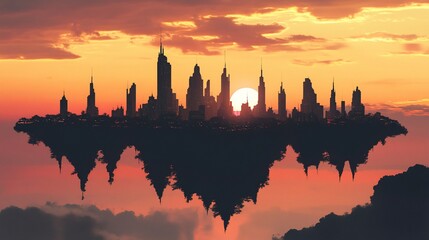 Fototapeta premium Spectacular Floating City Silhouette at Sunset with Dramatic Sky