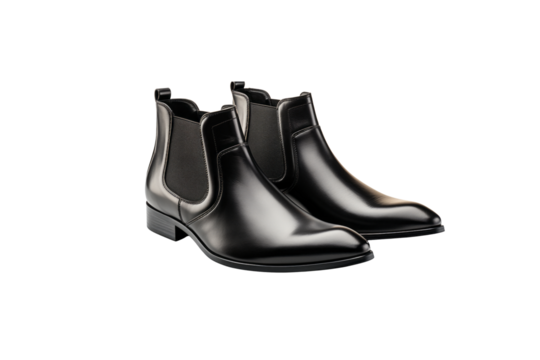 Pair of elegant black leather chelsea boots, perfect for formal occasions. background removed